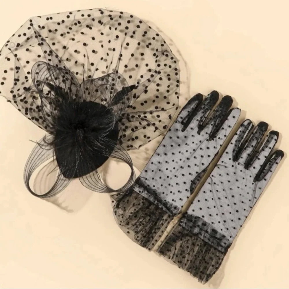Women Polka Dot Flower Decor Fashion Hair Clip & Gloves Set